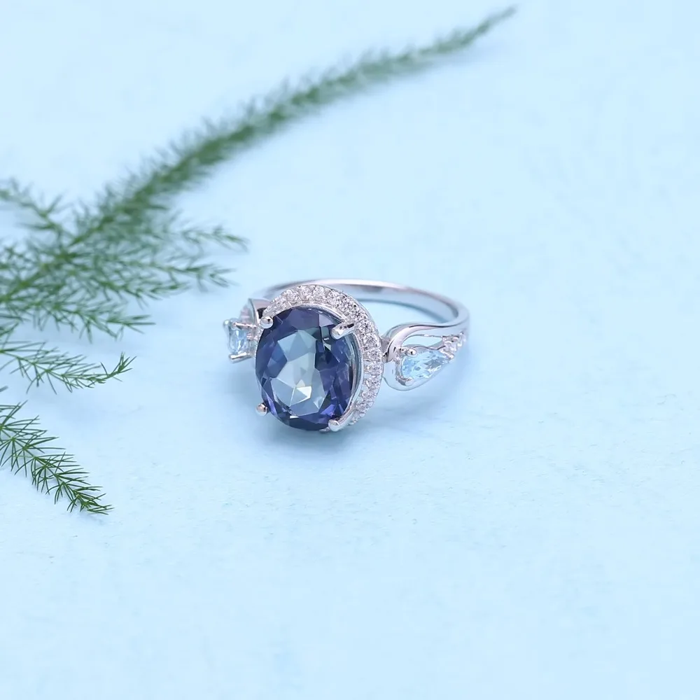 Серьги кольца из серебра 925 пробы с натуральным мистическим кварцем и голубым