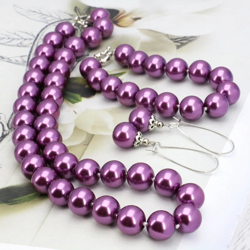Фото Ожерелье из фиолетового стекла и жемчуга 12 мм 18 дюймов браслет 7 5 дюйма серьги