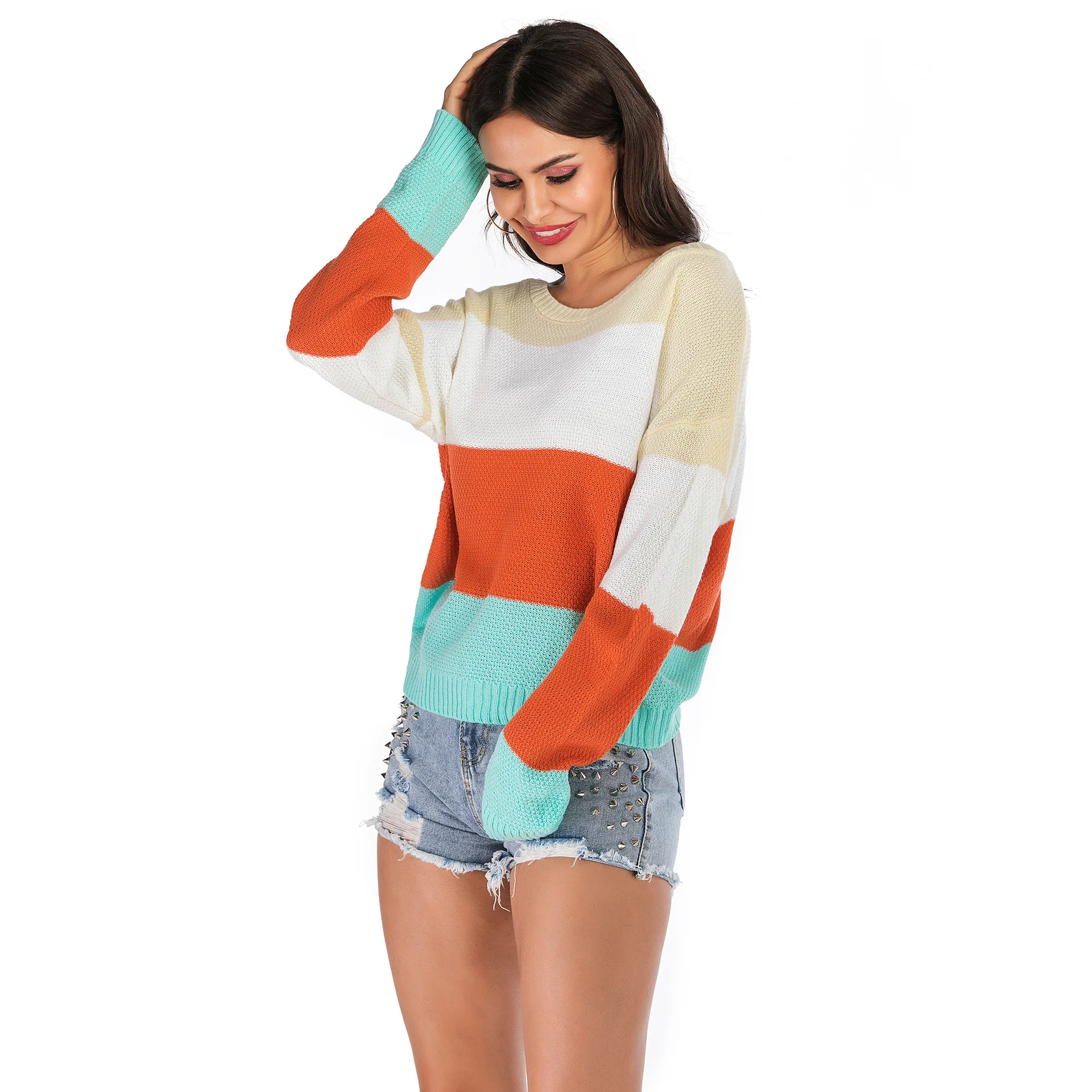 

Jelics Fashion OL Casual Color Stripe Patchwork Long Sleeve Sweater Women Autumn Winter Clothing Loose Knitted Pullover Tops