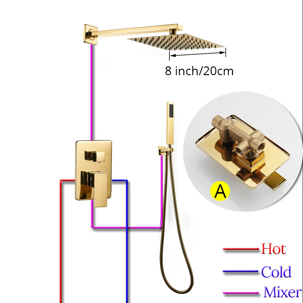 8inch Gold Color A Смесители для ванны золотой для ванны дождь Душ настенный скрытый смеситель для ванной комнаты душевой набор смеситель черный смеситель Набор кран FS-138899 - Цвет: 8inch Gold Color A