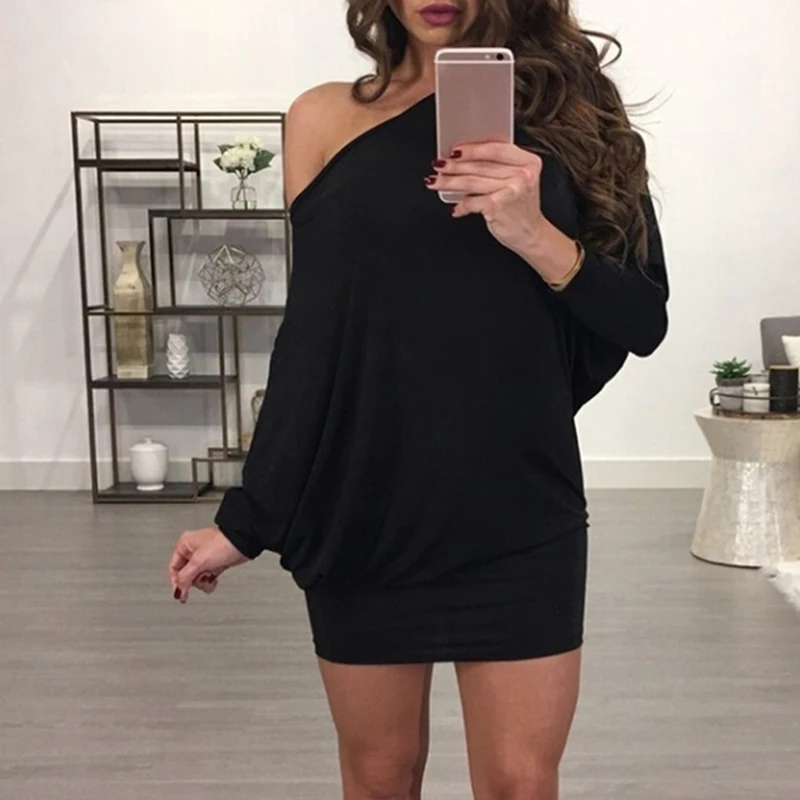 black Весенне-осеннее женское платье с вырезом лодочкой и длинным рукавом, новое модное мини-платье с рукавом «летучая мышь», свободное сексуальное платье с открытыми плечами, посылка на бедра - Цвет: black