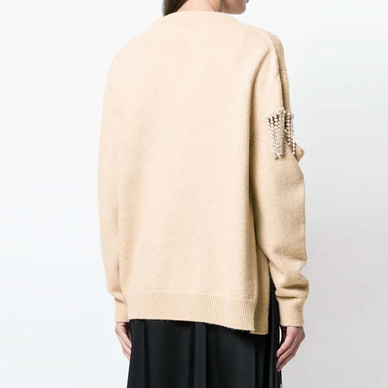 YNZZU Rhinestone Tassel Chic Women's Sweater 2019 Spring Casual Hollow O Neck Women Pullovers Loose Jumper pull femme YT511 | Женская