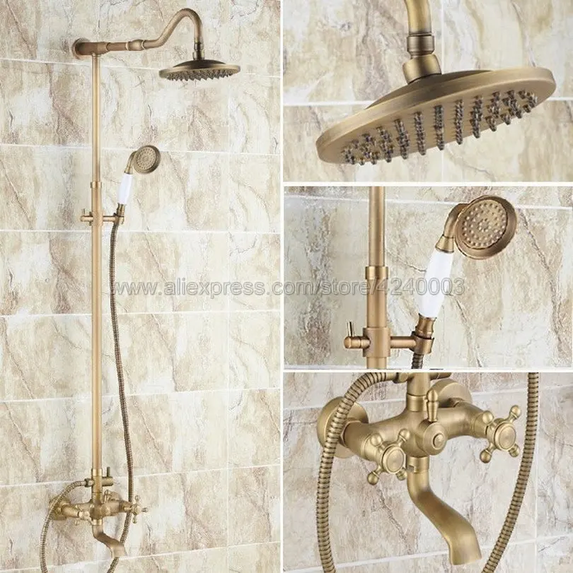 

Wall Mounted Antique Brass 8 Inch Round Rainfall Shower Head + Tub Spout + Brass Hand Sprayer Mixer Tap Krs106