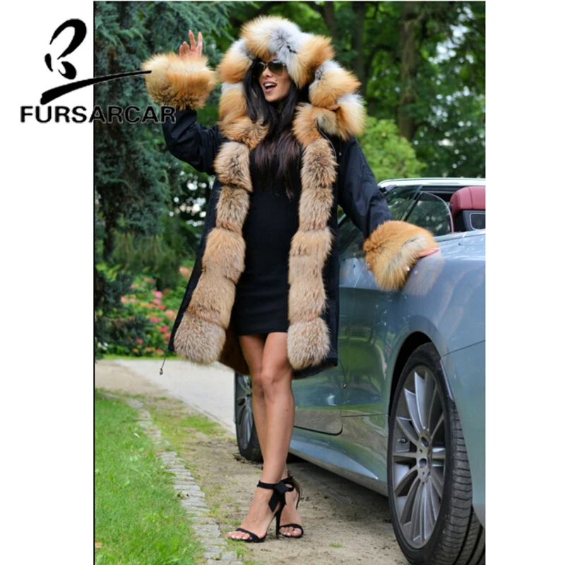 FURSARCAR 2021 Luxury Winter Fur Parka For Women Real Fur Coat Female With Thick Fox Fur Hood Fashion Long Parkas