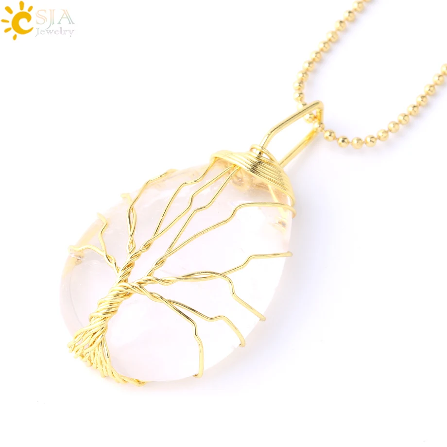 White Stone Chain CSJA Дерево жизни ожерелье натуральный камень кулон золотой цвет проволока обертывание драгоценный камень розовый с кварцевым тигровым глазом зеленый авантюрин подвеска E585 - Окраска металла: White Stone Chain