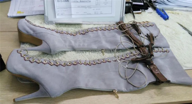 Модный бренд, открытый носок, на шнуровке, из замши и кожи тонкий каблук высокие сапоги-гладиаторы выше колена; с резным узором Плетеный бахромой длинные, с высоким каблуком; ботинки - Цвет: as picture