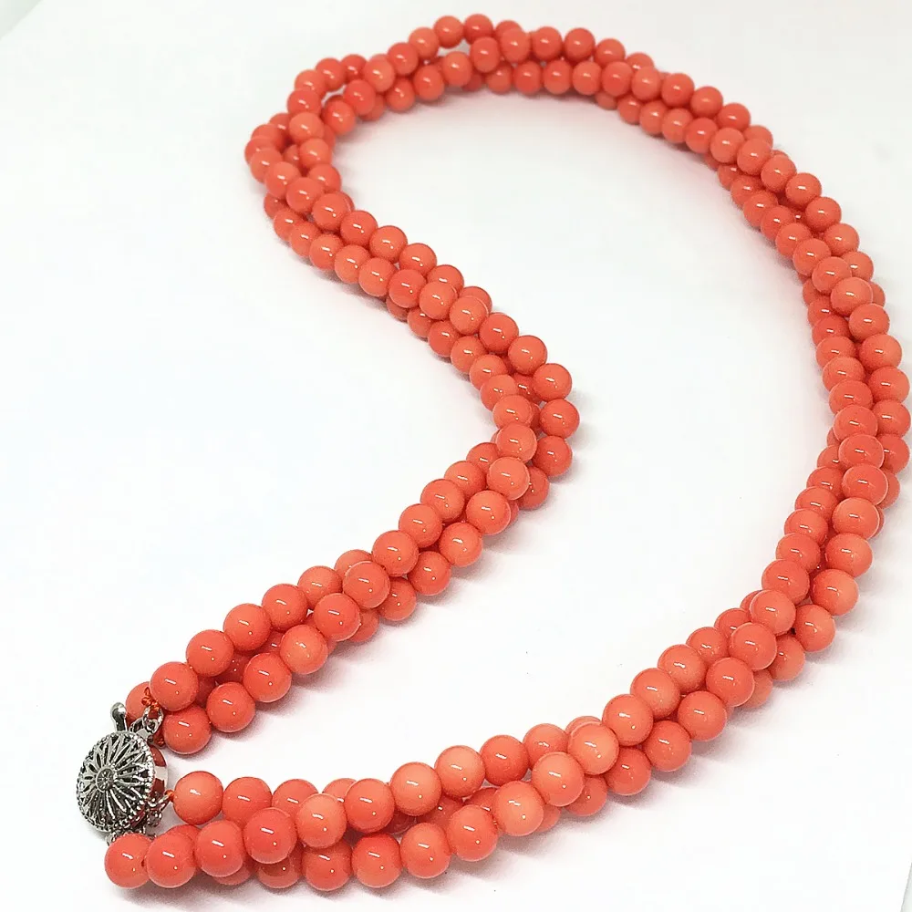 Lovely pink orange artificial coral 6mm round beads 3rows necklace fashion special design women jewelry 18inch B1513 | Украшения и