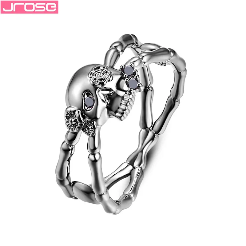 Black JROSE New Popular Gun Black Cross Skull Rose Flower Silver Rings for Women Gothic Engagement Wedding Party Ring Punk Jewelry - Цвет основного камня: Black