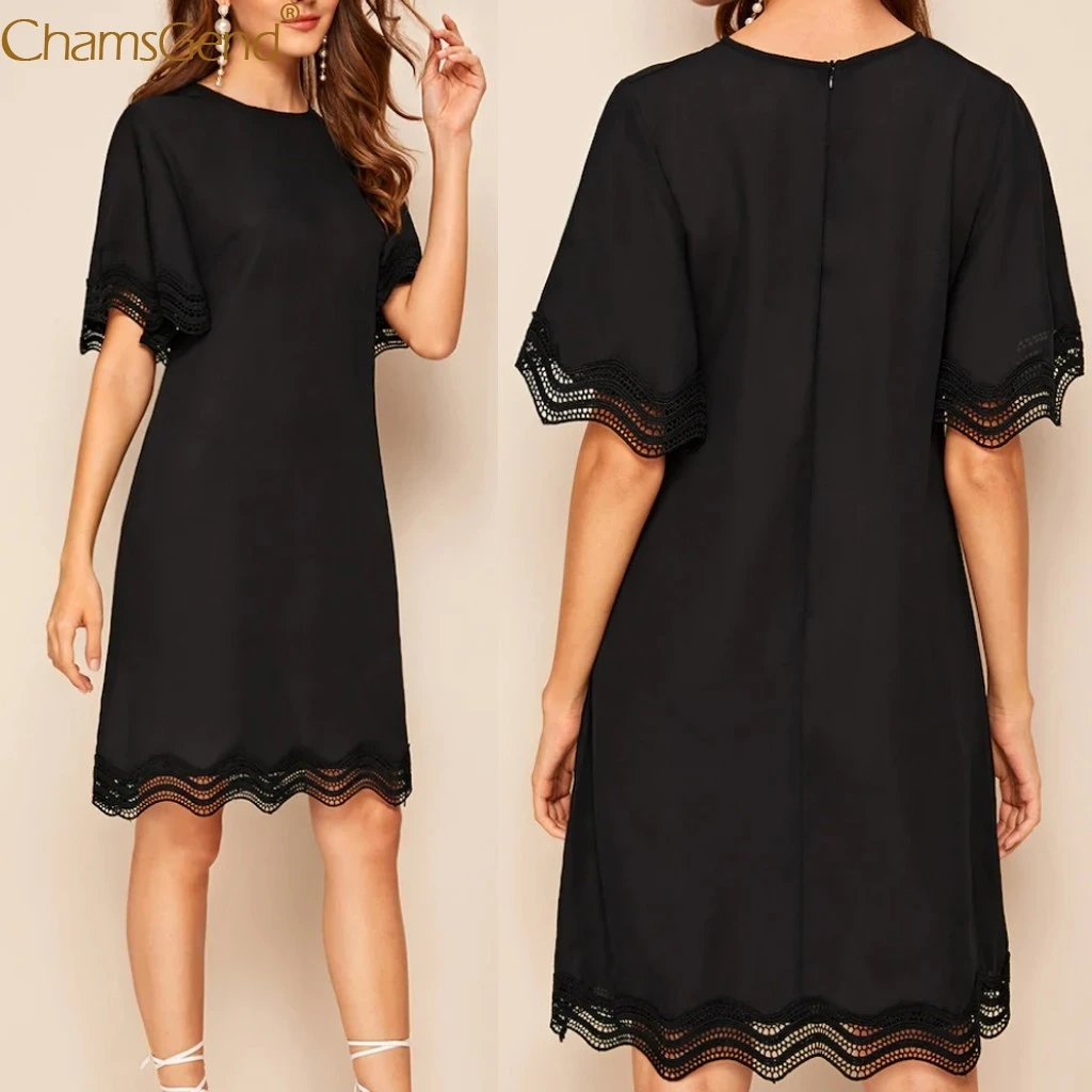 Summer Dress Women Casual O-Neck Lace Short Sleeveless Black Loose Dress Women Plus Size Loose Dress Women Plus Size Jun