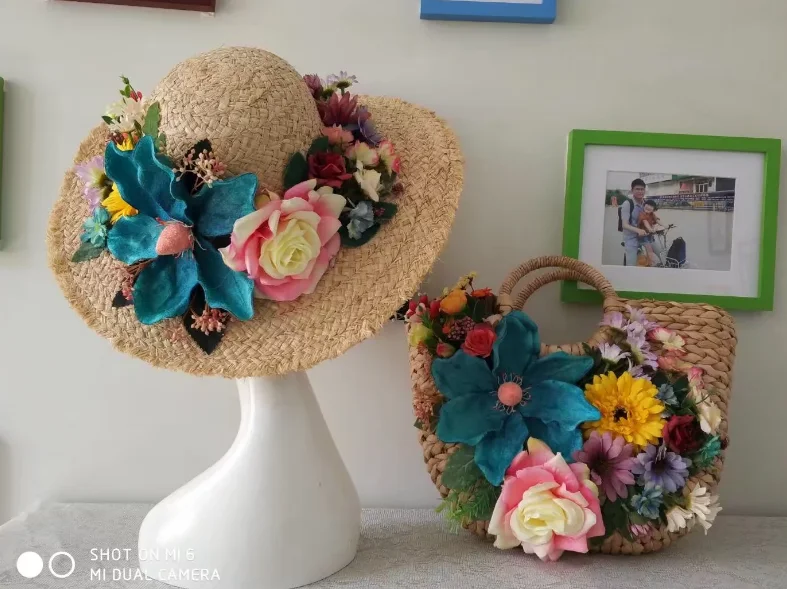 

Handbag lady Summer Straw hat female shade Fashion flower Tour Beach hat set