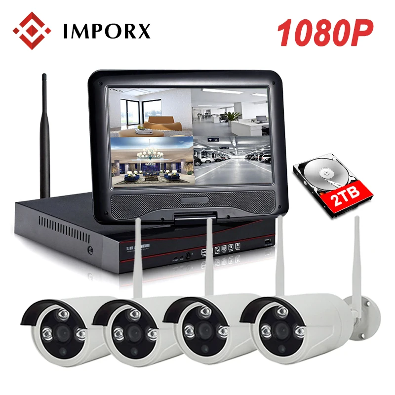 IMPORX 1080P 4CH Беспроводной NVR комплект 10 &quotLCD IR ночное видение 2MP CCTV IP камера для