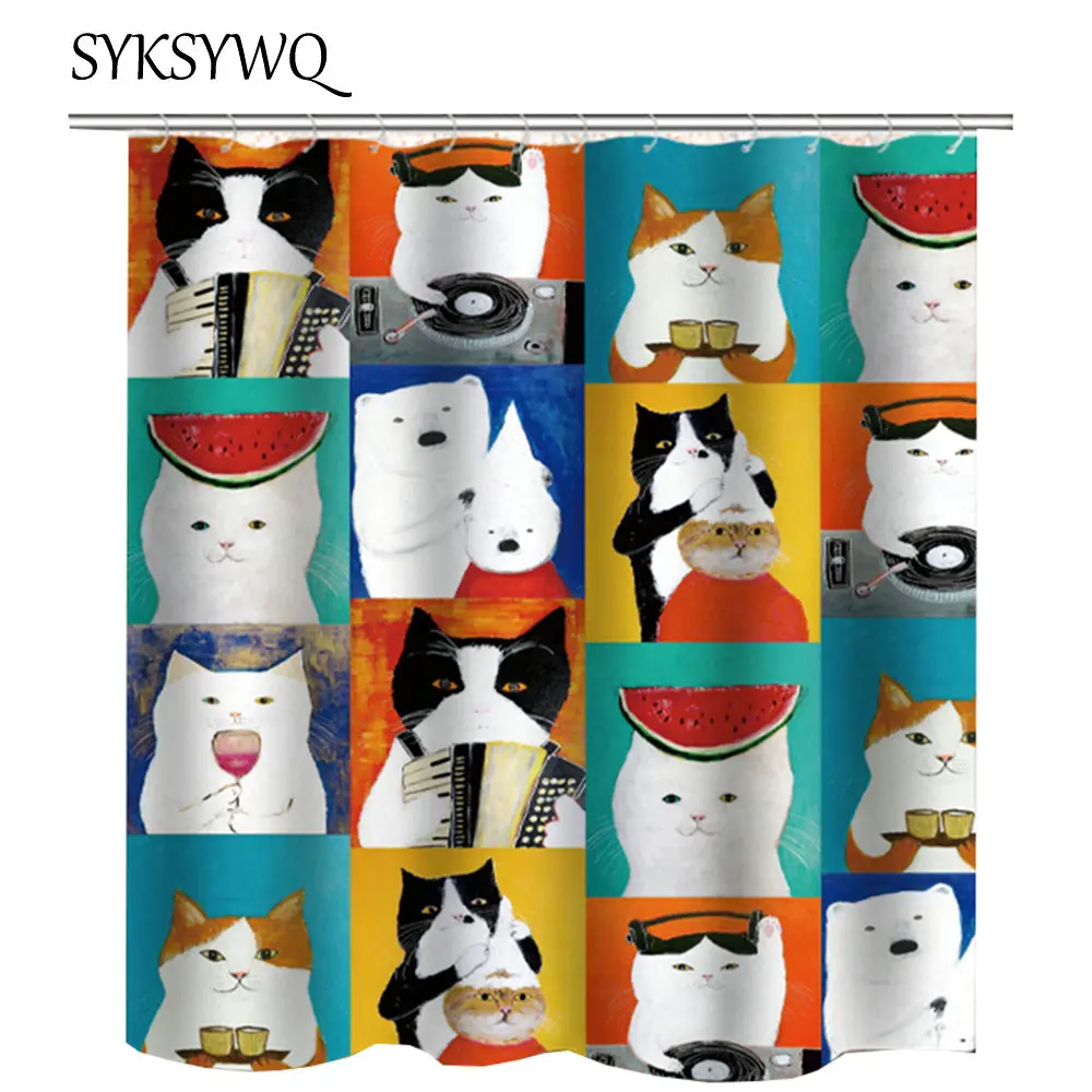 

Занавеска для душа с изображением кота, музыкальный гармошкой, арбуз, Белый Кот, занавеска для ванной комнаты, прекрасные детские