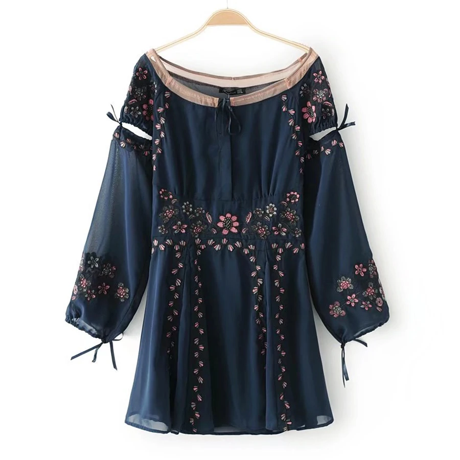 Цветочный Вышивка Chic Boho платье 2017 новые винтажные О-образным вырезом с длинным