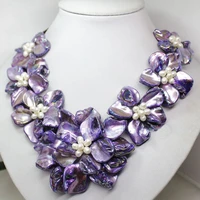 18 inches natural leather cord purple flower shaped shell white rice handmade women gift pearl necklace
