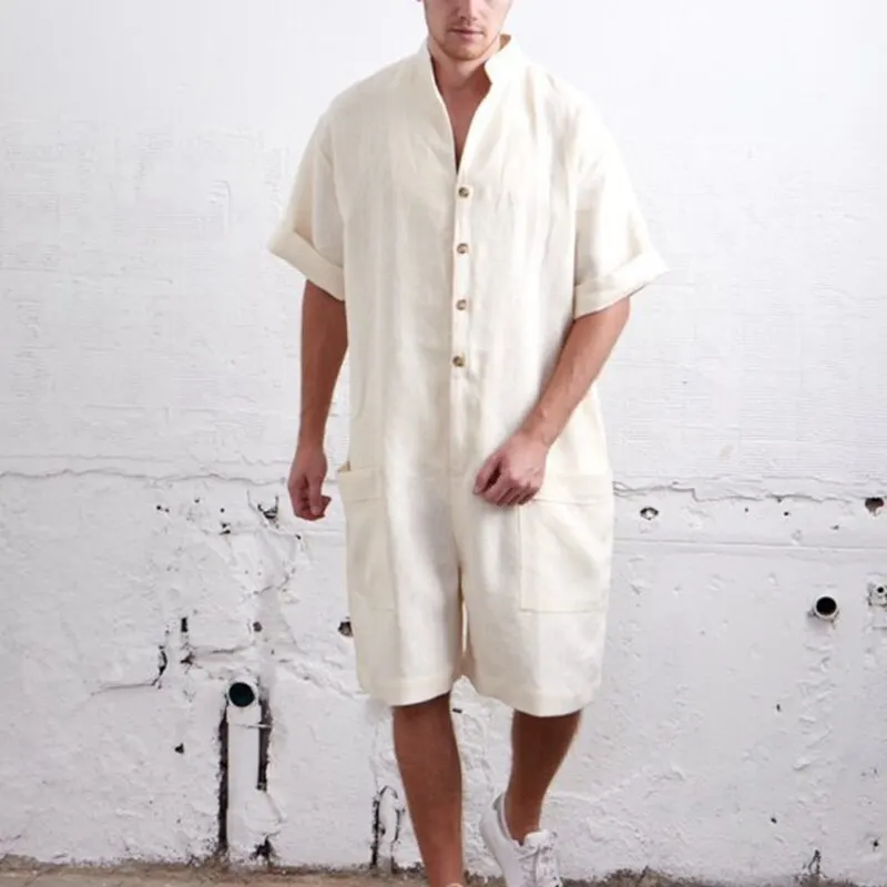 white CYSINCOS Summer Loose Men Rompers Cotton Half Sleeve Button Pants Vintage Casual Solid Men Cargo Overalls Jumpsuit Trousers Men - Цвет: white