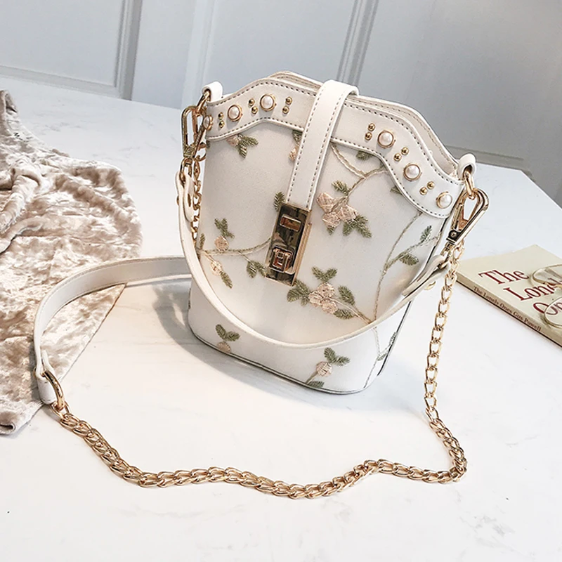 ETAILL Sweet Lace Floral Bucket Bag Luxury Shoulder Bags for Women 2018 Famous Brand Flowers Chain | Багаж и сумки