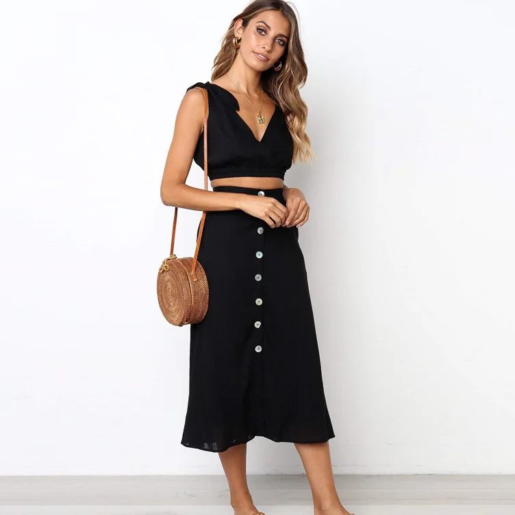 Женский элегантный укороченный Топ без бретелек и юбка летний женский комплект