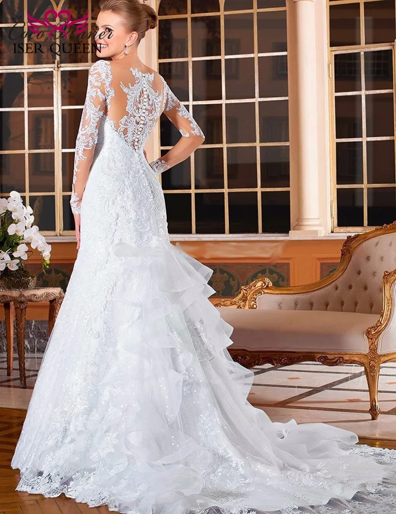 Фото Специальное винтажное кружевное свадебное платье русалки со шлейфом длинным