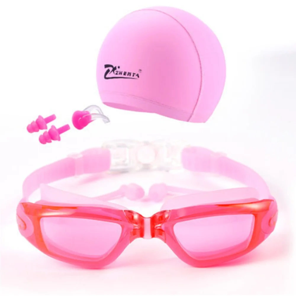 transparent pink Плавательные очки Комплект из 3 предметов мужские профессиональной близорукости плавательные очки зажим для носа беруши для плавания ПУ шапки Водонепроницаемый Анти-туман УФ Очки для плавания маски - Цвет: transparent pink