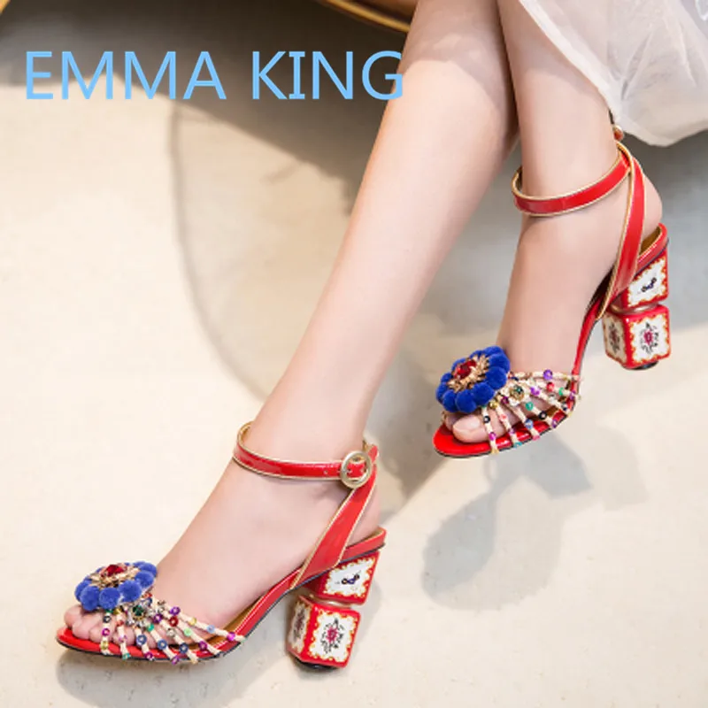 

Zapatos Mujer Summer Sandals Women PomPom Wedding Bride Shoes Open Toe Ankle Strap Marty Janes Female Chunky High Heels Sandals