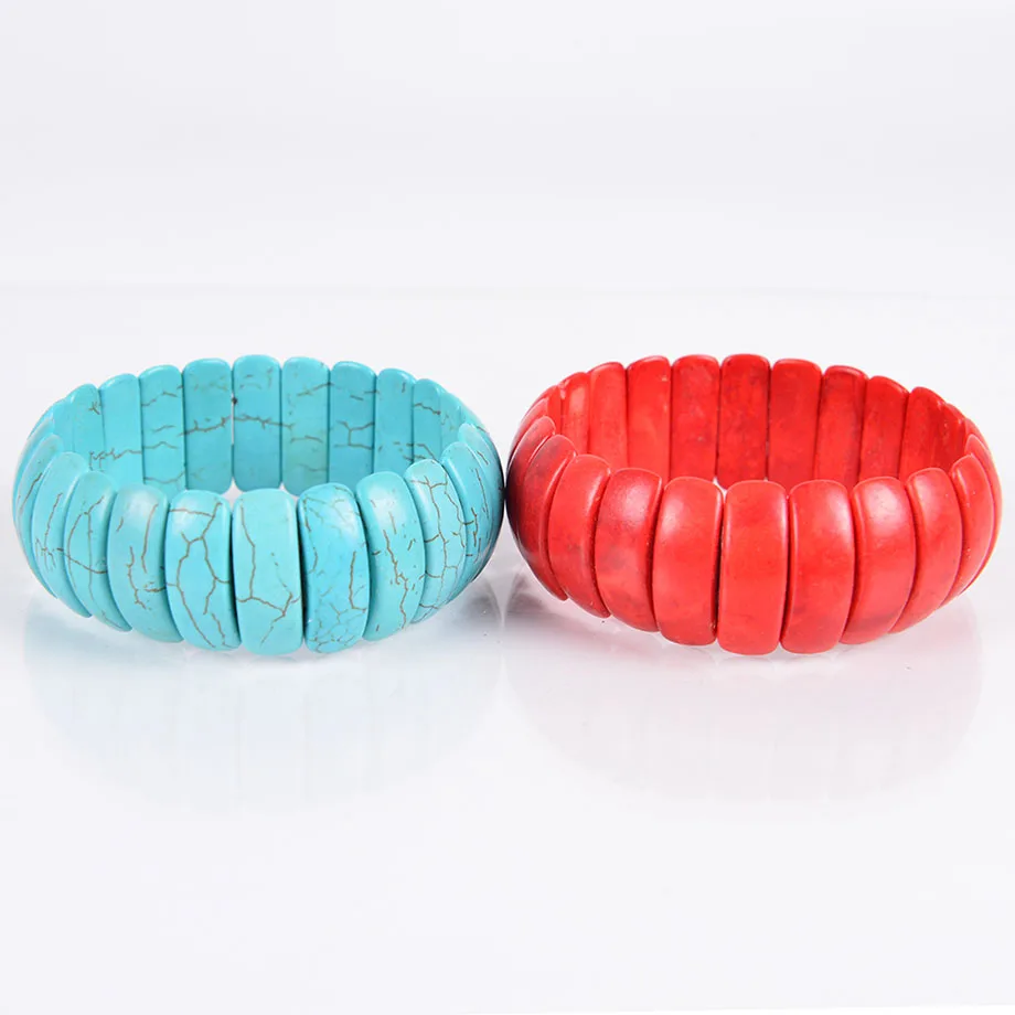 

White Red Blue Stretch Howlite Bracelet Wrist Wrapped Wide Bracelets Fingernail Shape Stones Bangles for Men Healing JewelryB055