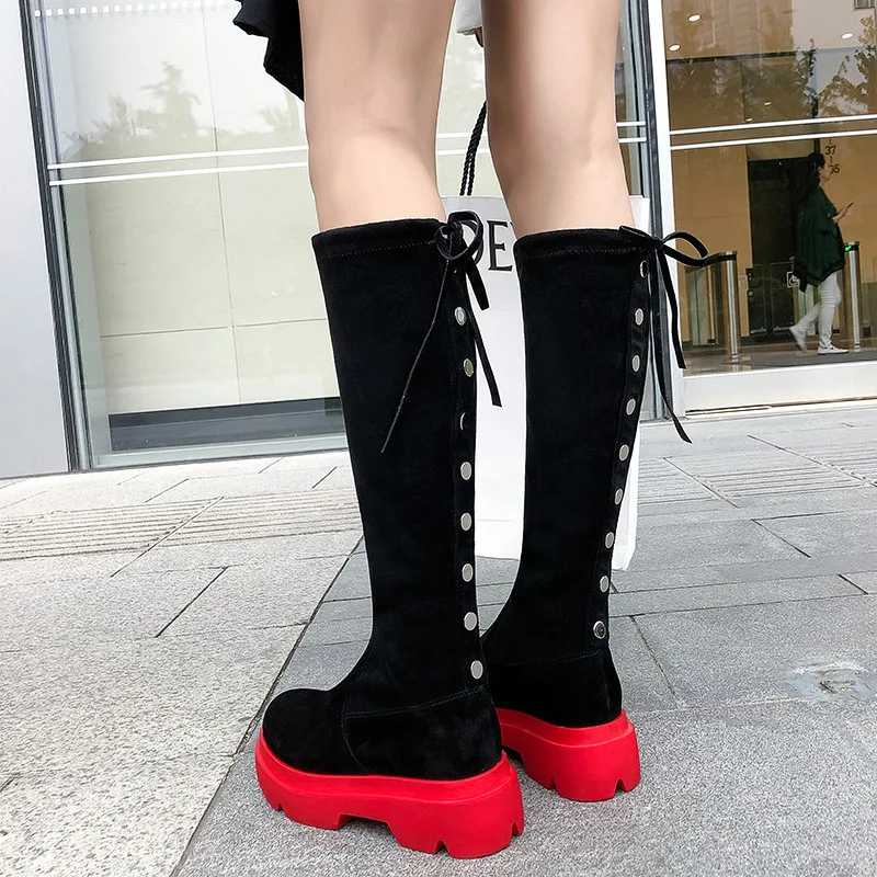 

Size 34-40 knee high boots women round toe slip on autumn winter boots platform boots suede leather boots Inside Increasing