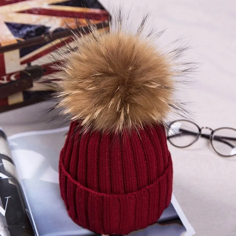 Шапка с помпоном унисекс вязаная шапка из меха енота теплые осенне-зимние шапки