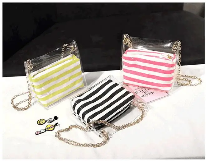 

1 set 2 pieces new Clear PVC jelly shoulder bag Transparent handbag with Stripe chain bucket bag mobile phone Messenger bag