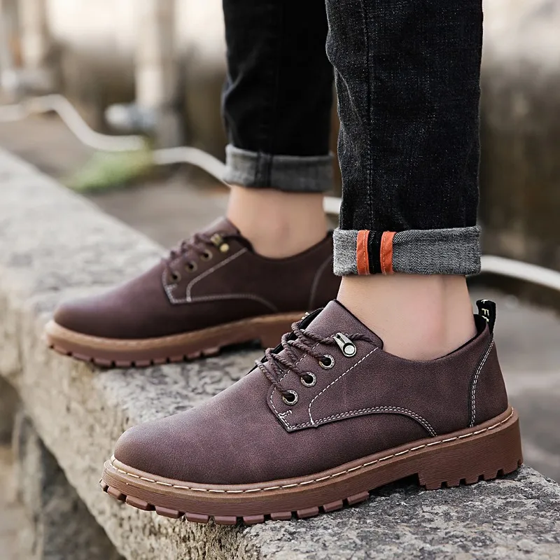 Autumn Winter Men Leather Shoes Botas Hombre Vintage Style Casual Fashion Low Top Lace-up Martin Bota Masculina | Обувь