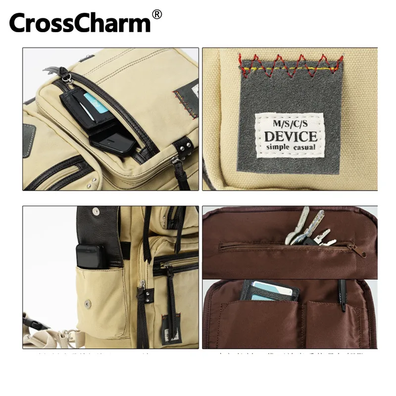 Crosscharm Для мужчин Винтаж плеча рюкзак холст кожа Повседневное Сумка для