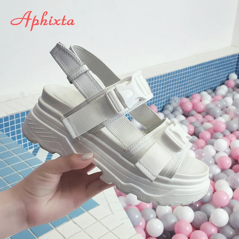 Босоножки Aphixta женские на платформе 8 см кожаные холщовые туфли с пряжкой каблук