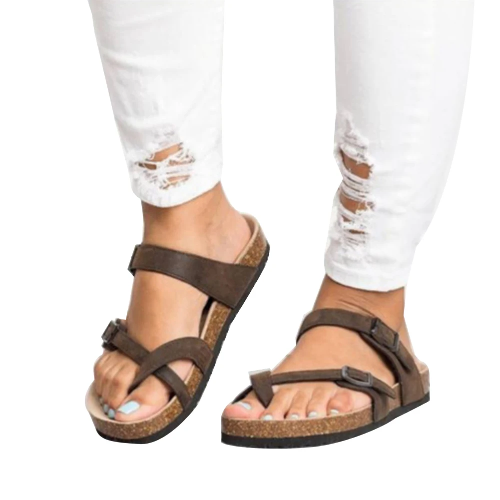 Коричневый Sandalias Mujer; коллекция года; женские летние пляжные сандалии на ремешке с пряжкой; шлепанцы на плоской подошве; женская пляжная обувь - Цвет: Коричневый