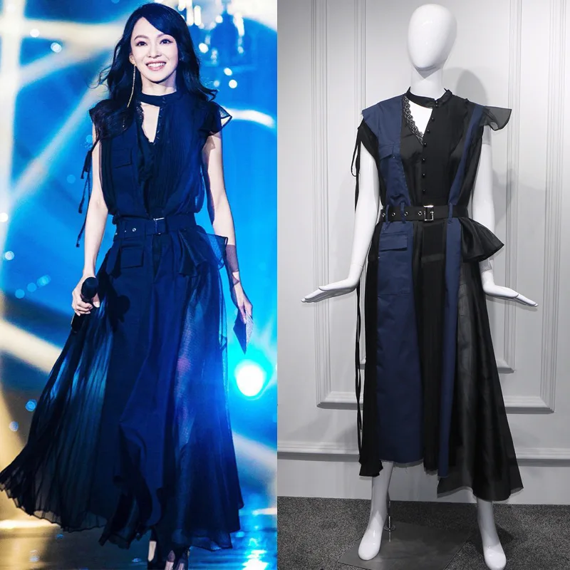 Новинка 2019 летнее платье певицы Анжелы с черной тканью асимметричное