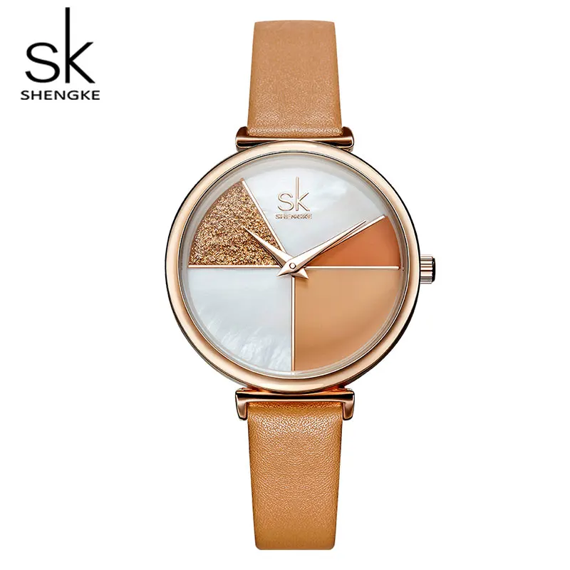 

Shengke Creative Glitter shell Dial Women Ladies Leather Wrist Watch Reloj Mujer 2019 New Girl Quartz Watch Montre Femme#K0109