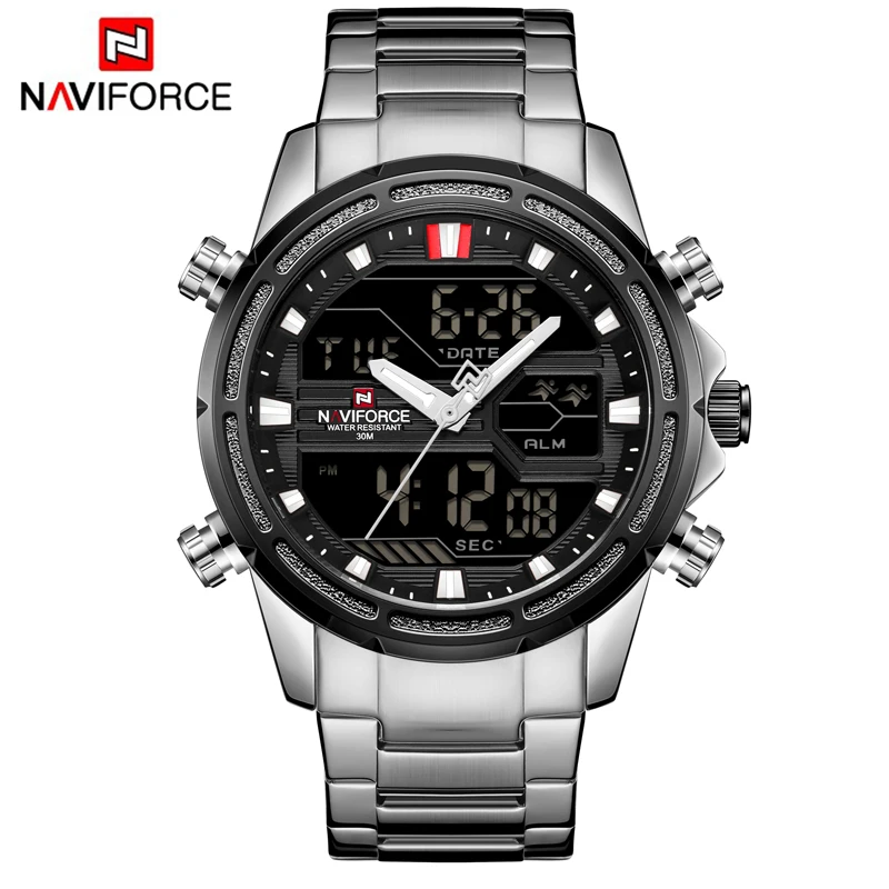 

Часы наручные NAVIFORCE мужские кварцевые в стиле милитари, брендовые светодиодсветодиодный аналоговые цифровые армейские, из нержавеющей ста...