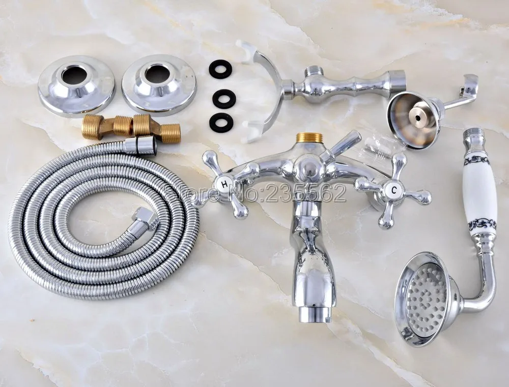 Bathroom Chrome Wall Mounted Bathtub Faucet Dual Ceramic Handle Shower Mixer Tap with Handheld Spray lna764 | Обустройство дома