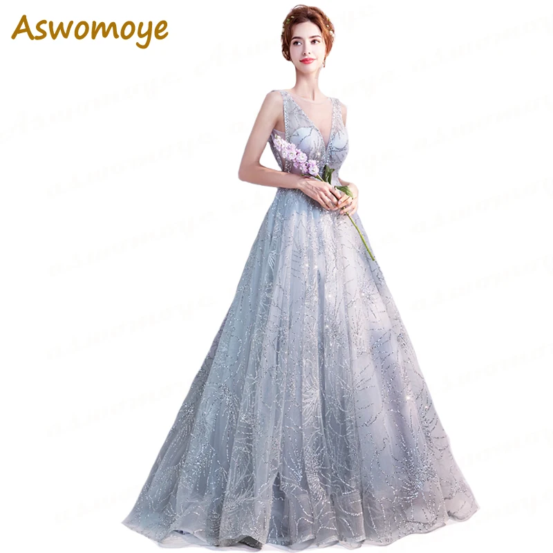 

Aswomoye Sexy A-Line Evening Dress 2018 New Arrival Applique Sequin Sleeveless Silver Party Dress V-neck Backless robe de soiree