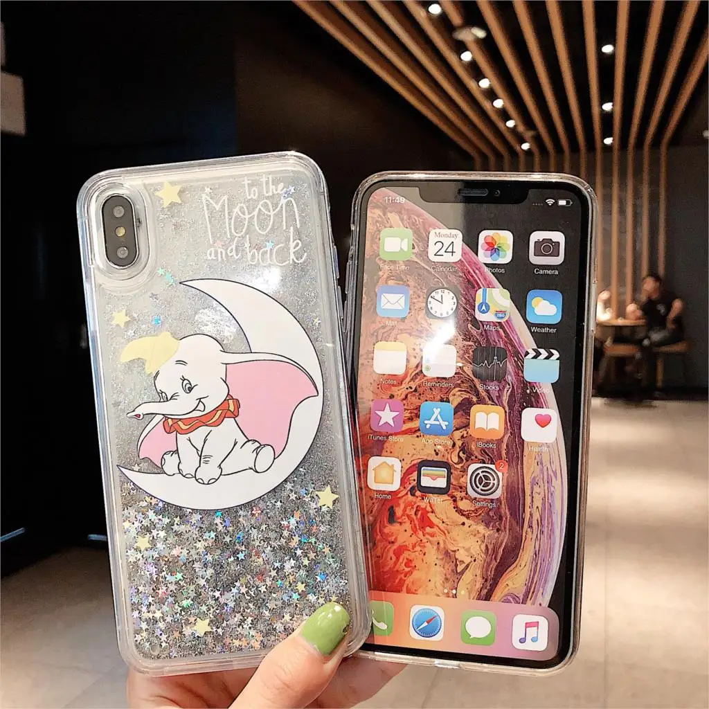 Liquid Quicksand Fly Moon Elephant Phone Case for iphone 6 6S 7 8 Plus X XR XS Max Cover Love Heart Glitter Bling Sequins Capa |