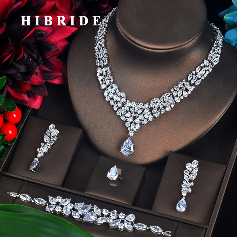 HIBRIDE Luxury Clear Cubic Zircon Pendientes Wedding Jewelry Set 4 PCS Earring Bracelet Necklace Ring Brincos Bijoux Set N-631