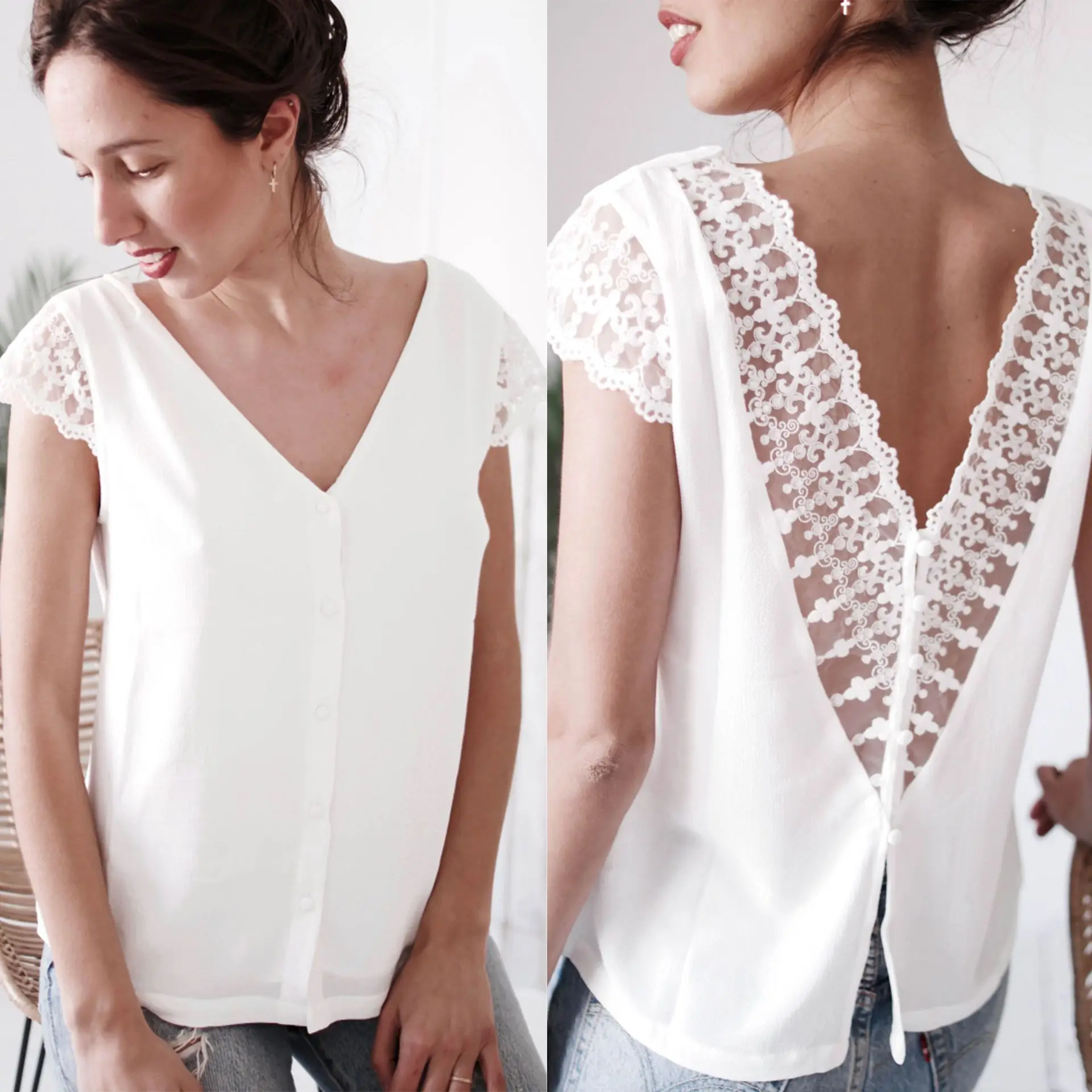 Женская блузка летняя модная сексуальная Кружевная блуза с открытой спиной и