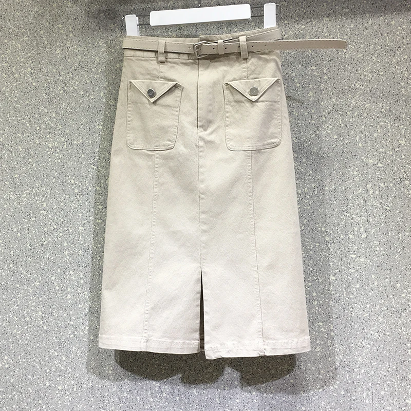 

2019 Korean Style Womens Female High Waisted Placket Yellow Beige Black Blue Denim Pencil Skirt , Casual Jean Skirts For Women
