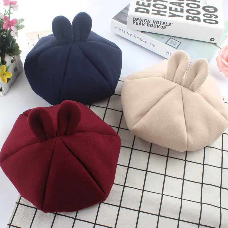 New Color Autumn Winter Beret Hat Caps Baby Toddler Kids Boys Girls Woolen Newsboy Artist Flat Cap Child rabbit ears pumpkin hat | Детская