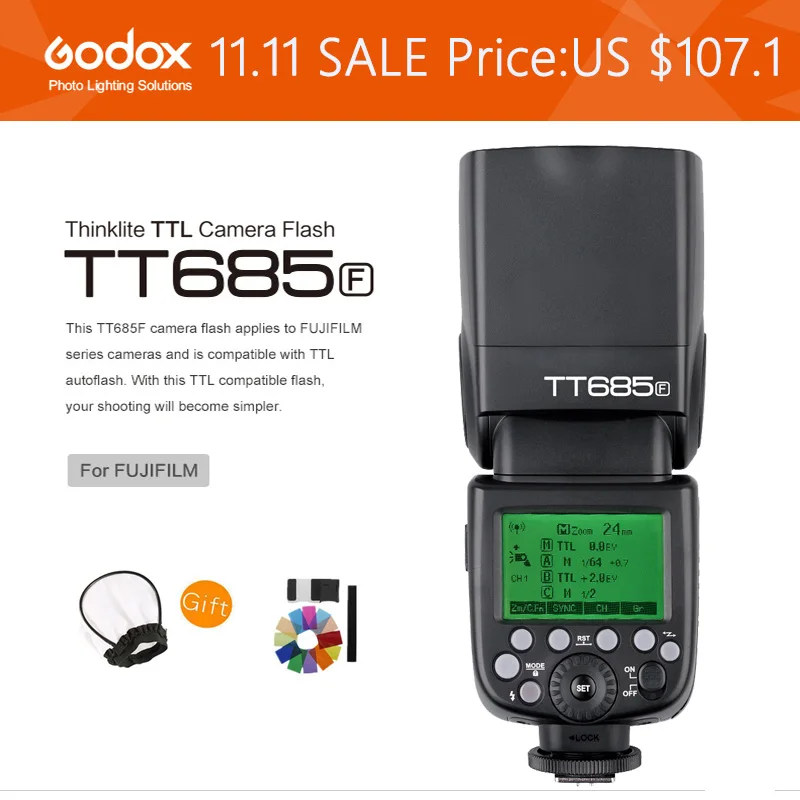 Pаспродажа Вссветильник Godox TT685F TTL Speedlite, 2,4G HSS 1/8000s GN60 для камеры Fuji Fujifilm + набор беспроводных триггеров для вспышки X1T-F Дешево Вссветильник Godox TT685F TTL Speedlite, 2,4G HSS 1/8000s GN60 для камеры Fuji Fujifilm + набор беспроводных триггеров для вспышки X1T-F