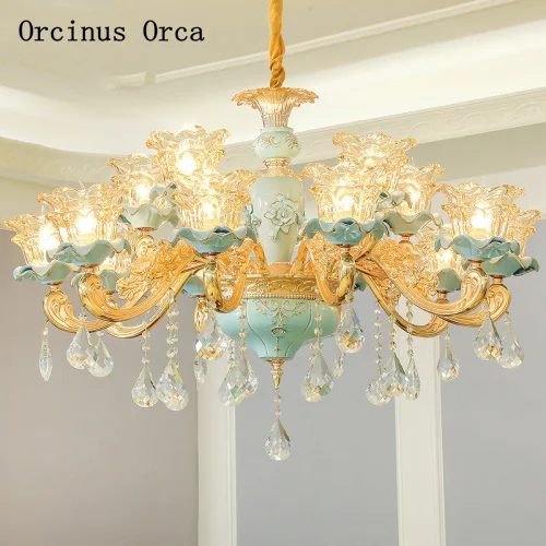 

European luxury flower carving ceramic chandelier living room dining room bedroom French creative color LED Crystal Chandelier