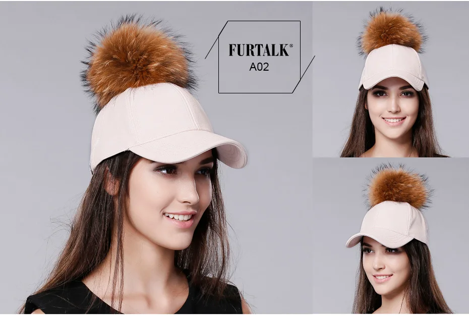 Furtalk женщины весна Мех Енота Мяч Пом Англичане Кожа Бейсбол Шляпа Регулируемые хип-хоп cap Leather Baseball Cap Snapback