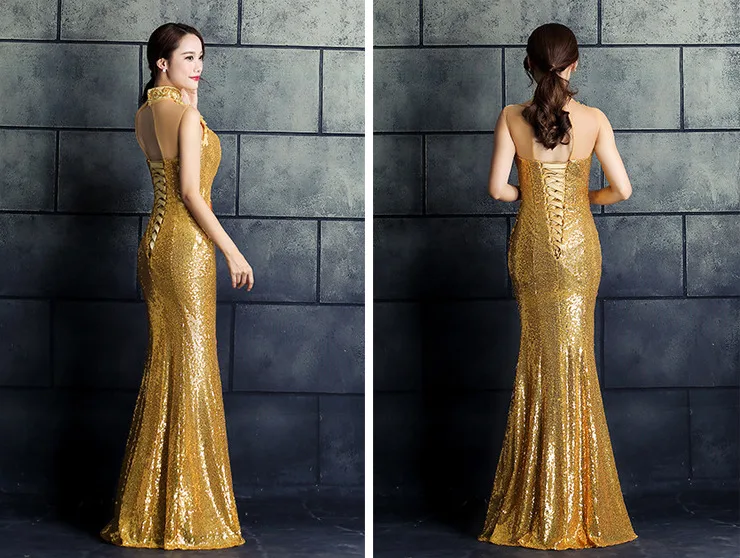 Red Chinese Wedding Dress Female Long Cheongsam Gold Slim Chinese Traditional Dress Women Qipao for Wedding Party embroidery
