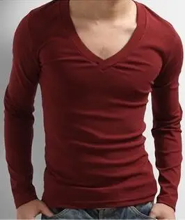 

Free shipping new men's fashion slimming v-neck red long-sleeved T-shirt low-necked bottom shirt cotton tight T-shirt
