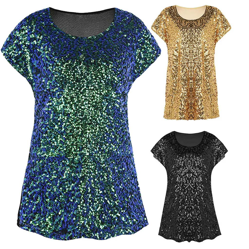 Женская футболка с блестками блестящий Свободный Топ рукавом летучая мышь для