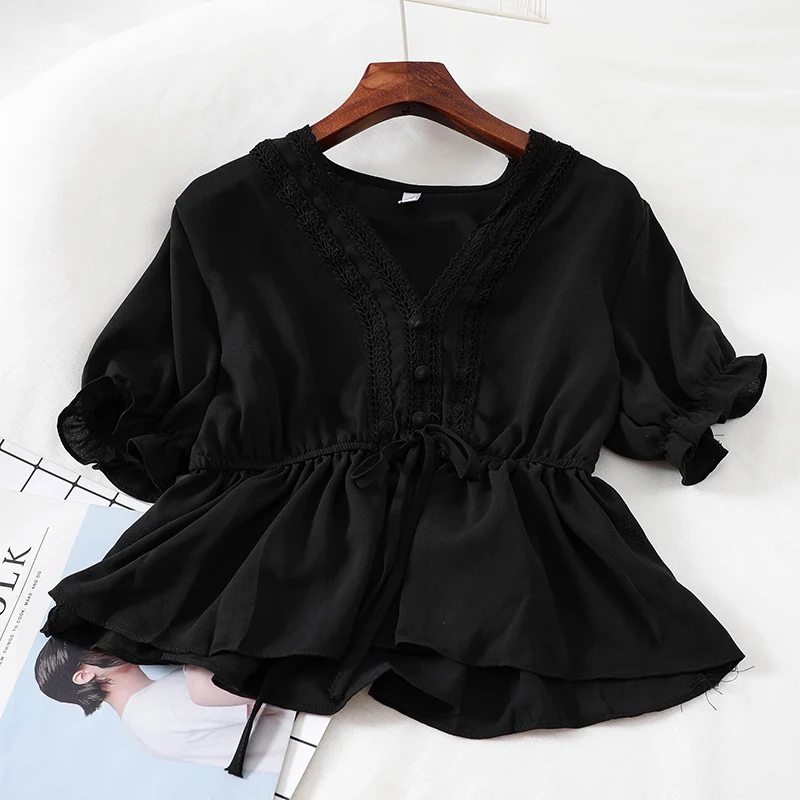 2019 Новая мода Женская блузка рубашка Весенняя сетка кружева сторона v-образным