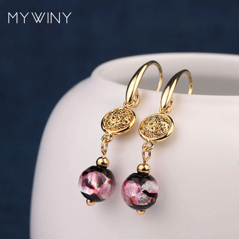 MYWINY медь природа камни Винтаж глазированное стекло фиолетовые серьги, модные этнические серьги ювелирные изделия